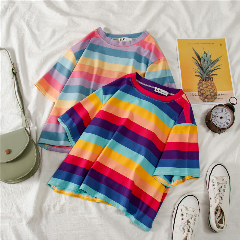 Take a real picture of the new summer net red and all kinds of short Rainbow Stripe short sleeve T-shirt for students