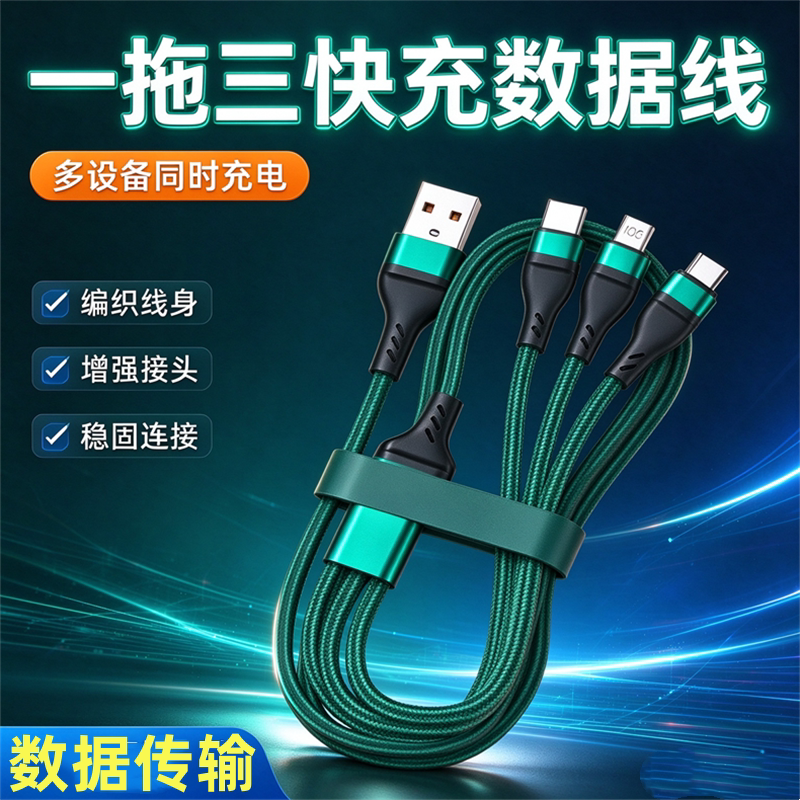 【特价】三合一快充数据线一拖三编织线身多设备同时充电稳固连接充电线tpye-c超快充车载一拖三家用数据线