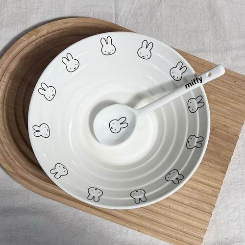 ins风卡通米兔子陶瓷拉面碗餐具日式简约家用宿舍吃饭一人食勺子