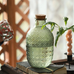 美式 浮雕复古木塞1000ML饮料玻璃瓶奶茶饮品鲜牛奶甜酒米酒分装