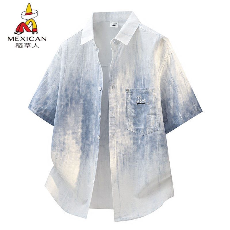 稻草人渐变纯棉短袖衬衫男痞帅气宽松休闲衬衣夏季新款青少年上衣