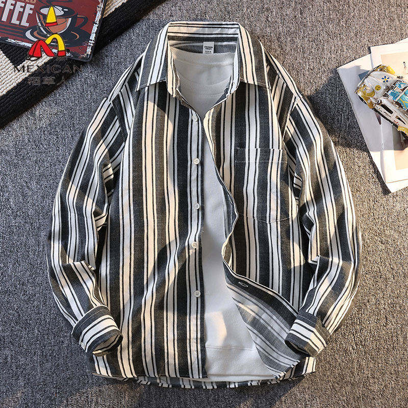 稻草人2026新款复古棉麻色织条纹长袖衬衫春秋季男士时尚休闲衬衣