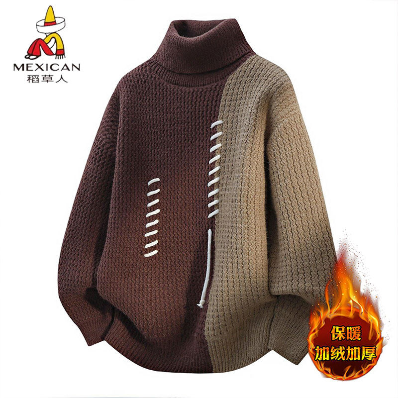 稻草人慵懒风高领撞色拼接针织衫男冬季加绒加厚保暖毛衣宽松休闲,男装,针织衫/毛衣,淘宝优惠券,粉丝福利购,淘宝优惠卷