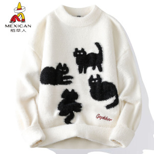 百搭毛衣针织衫 情侣款 保暖卡通宽松新款 稻草人潮牌魔法爱猫咪美式