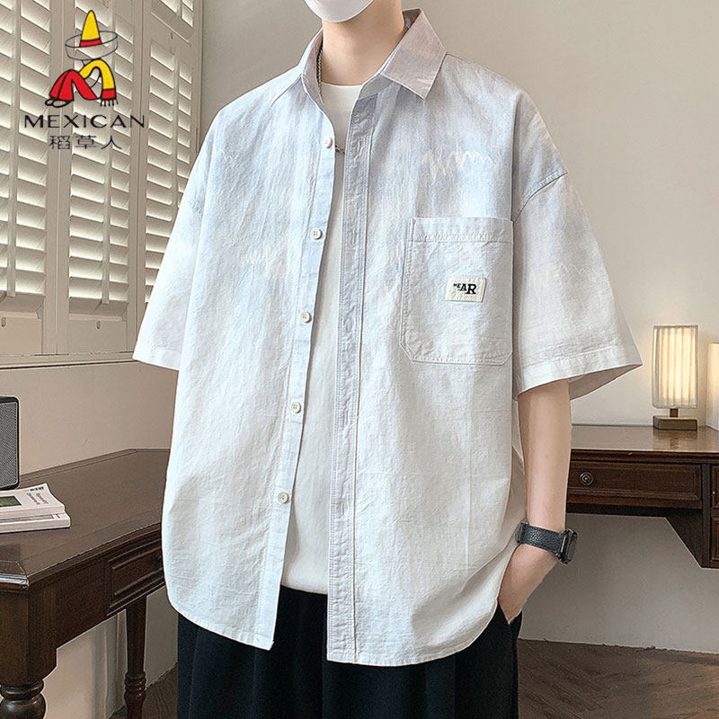 稻草人青少年纯棉短袖衬衫男夏季宽松休闲衬衣潮流百搭上衣渐变