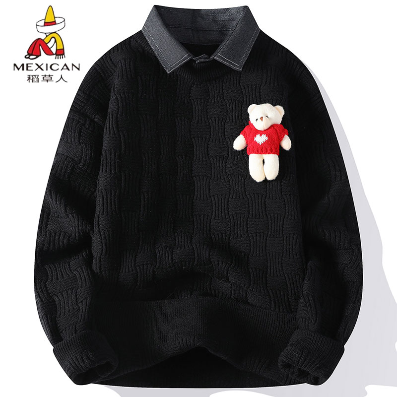 稻草人假两件衬衫领针织衫男士2025新款秋冬季小熊毛衣休闲打底衫