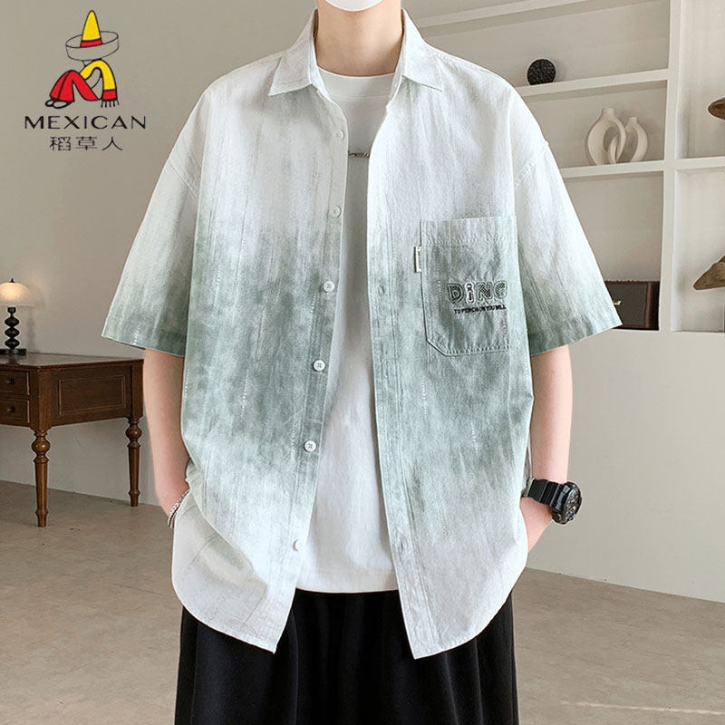 稻草人短袖衬衫男2026新款青少年宽松透气纯棉衬衣百搭扎染百搭潮