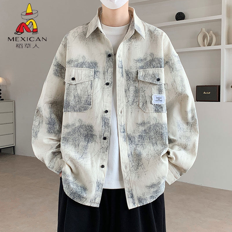 稻草人扎染纯棉印花长袖衬衫男春秋季宽松休闲翻领潮牌外套美式风
