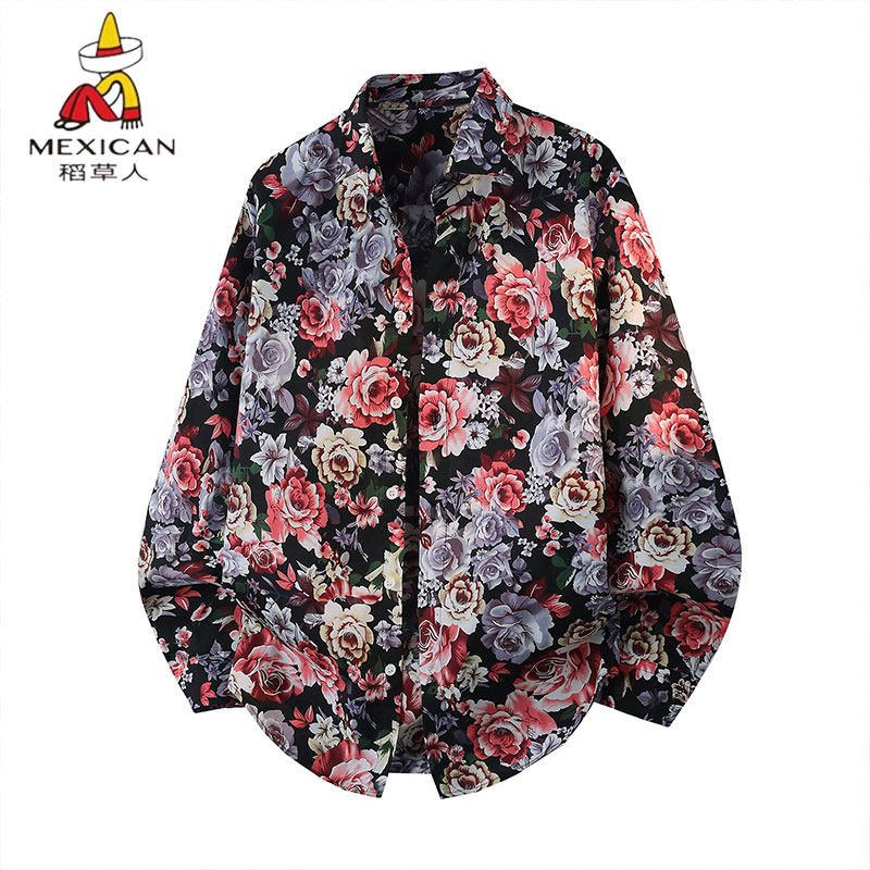 稻草人长袖衬衫男100%纯棉2026春秋季宽松休闲潮流碎花衬衣薄外套