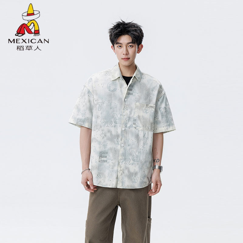 稻草人夏季新款扎染纯棉短袖衬衫男青少年宽松韩版简约衬衣薄外套