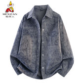 春秋季 新款 潮流翻领衬衫 稻草人牛仔外套男士 式 夹克青少年休闲褂子