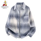 男翻领青少年时尚 稻草人2026春秋季 渐变牛仔衬衫 休闲撞色外套潮流