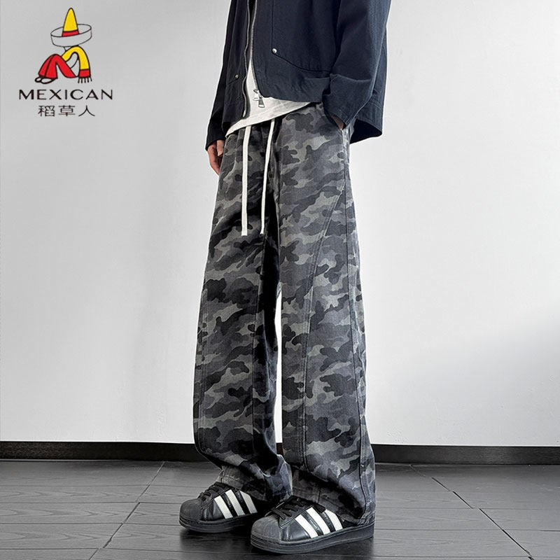 稻草人迷彩直筒裤男宽松百搭休闲长裤军绿色微弹青少年设计感时尚