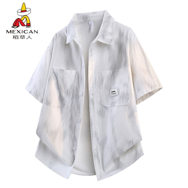 稻草人纯棉扎染衬衫男夏季宽松短袖青少年透气衬衣渐变百搭设计感