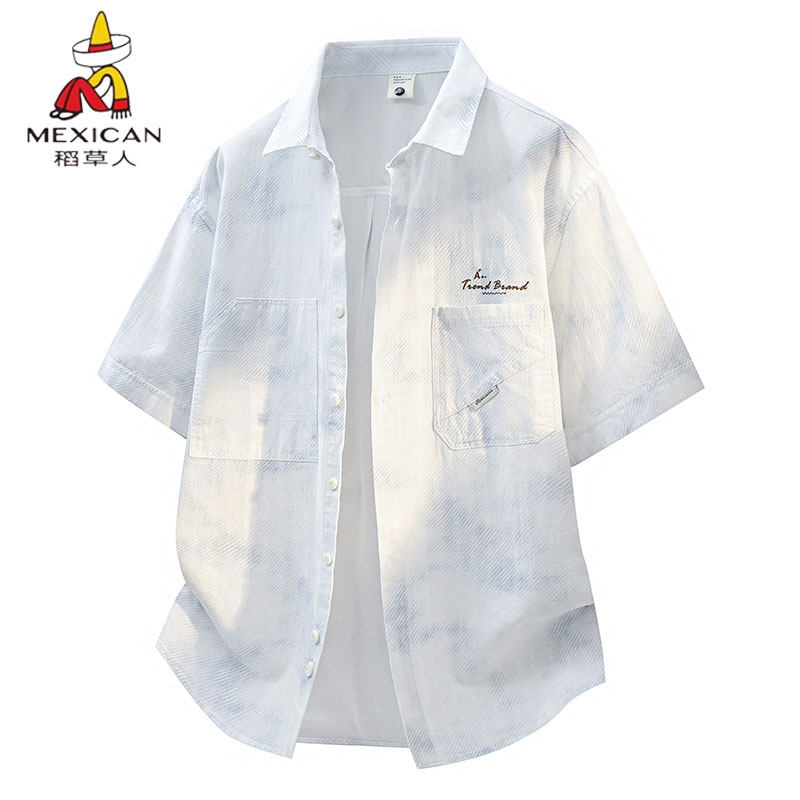 稻草人刺绣短袖衬衫男夏季宽松纯棉透气衬衣青少年休闲上衣外套潮