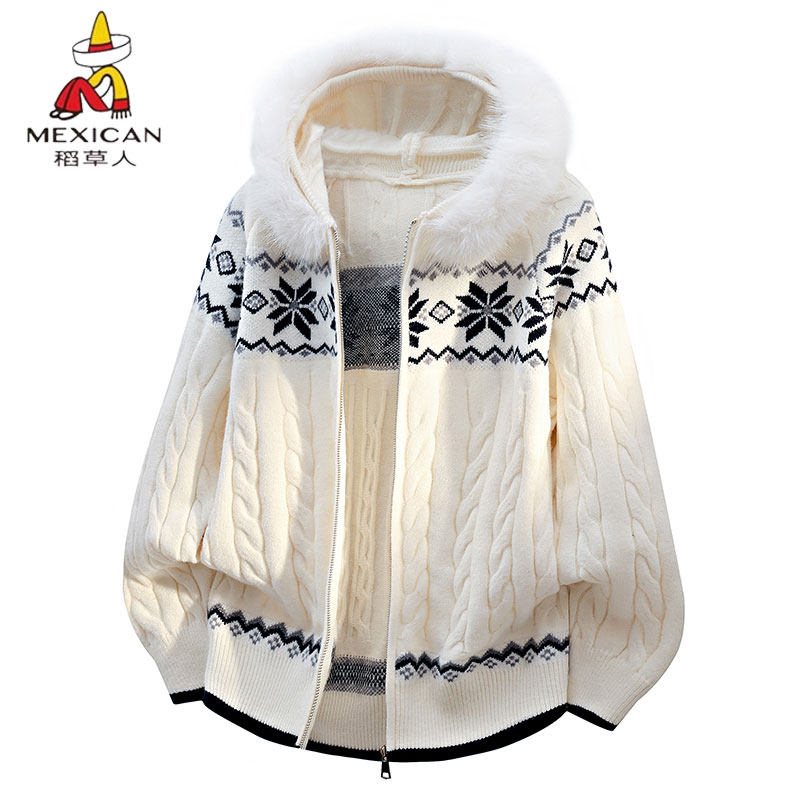 稻草人绞花纹毛衣男连帽外套春秋季美式风费尔岛针织开衫夹克线衣