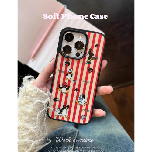 红条纹卡通企鹅亚克力黑边磁吸适用苹果iPhone16promax手机壳131512pro小米14Pro华为mate60p70三星S23防摔