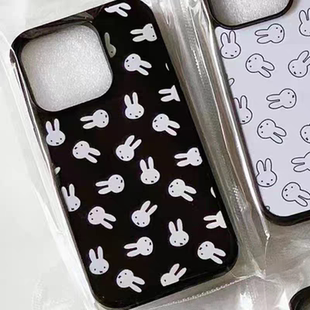 ins黑白兔子原创亚克力黑边磁吸适用苹果iPhone16promax手机壳1312pro小米1415Pro华为mate60p70三星S23防摔