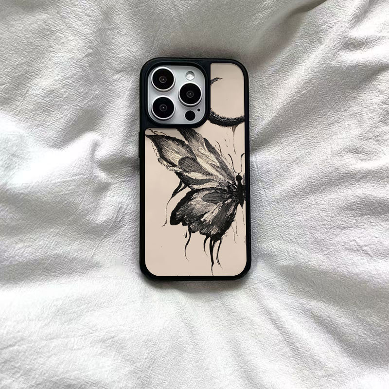 ins肌理蝴蝶印花亚克力黑边磁吸适用苹果iPhone16promax手机壳1312pro小米1415Pro华为mate60p70三星S23防摔