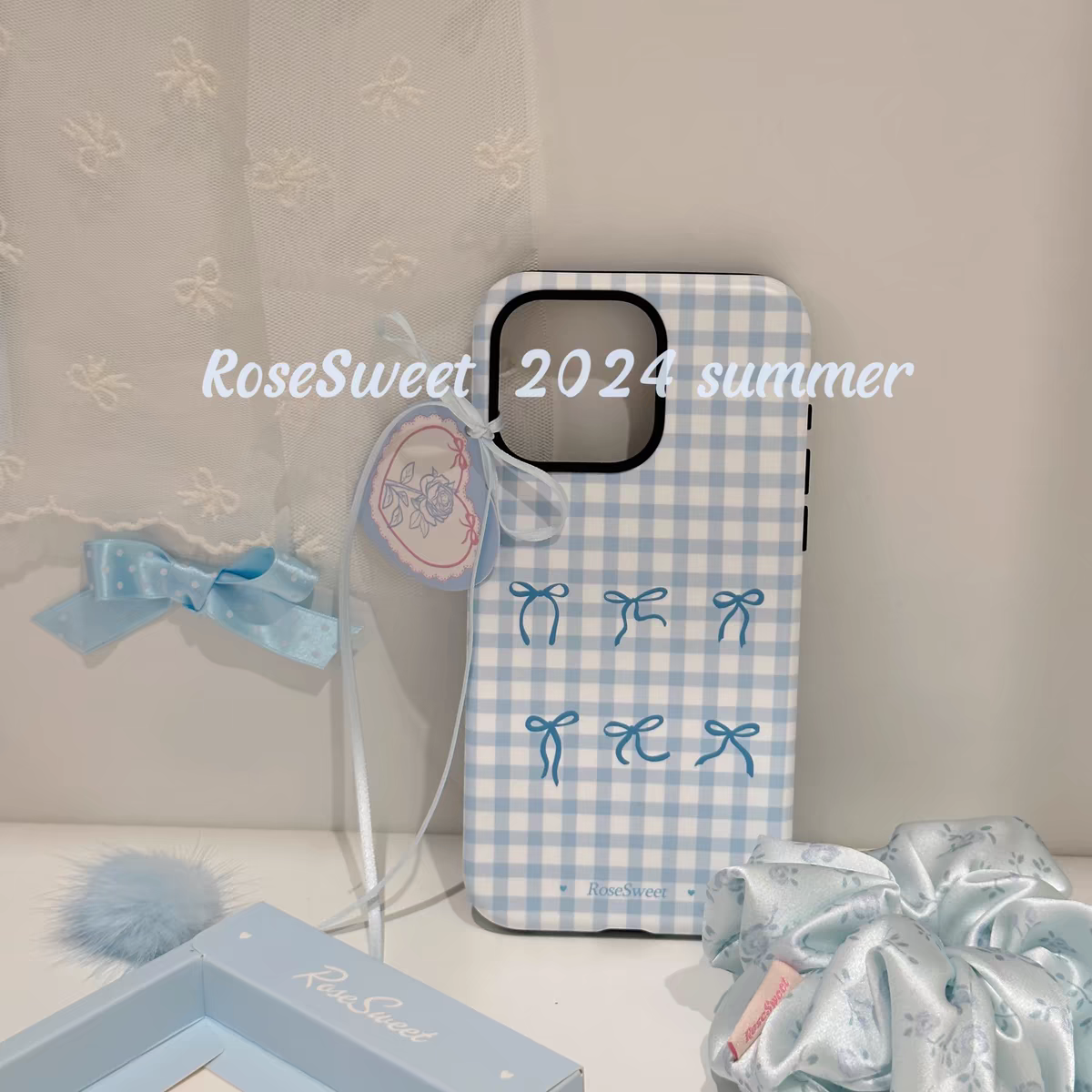 夏日蝴蝶结蓝色格子适用于苹果15promax磨砂手机壳iphone13菲林11/12pro13mini/xsmax/xr/14promax华为Mate60