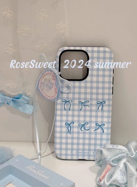 夏日蝴蝶结蓝色格子适用于苹果15promax磨砂手机壳iphone13菲林11/12pro13mini/xsmax/xr/14promax华为Mate60