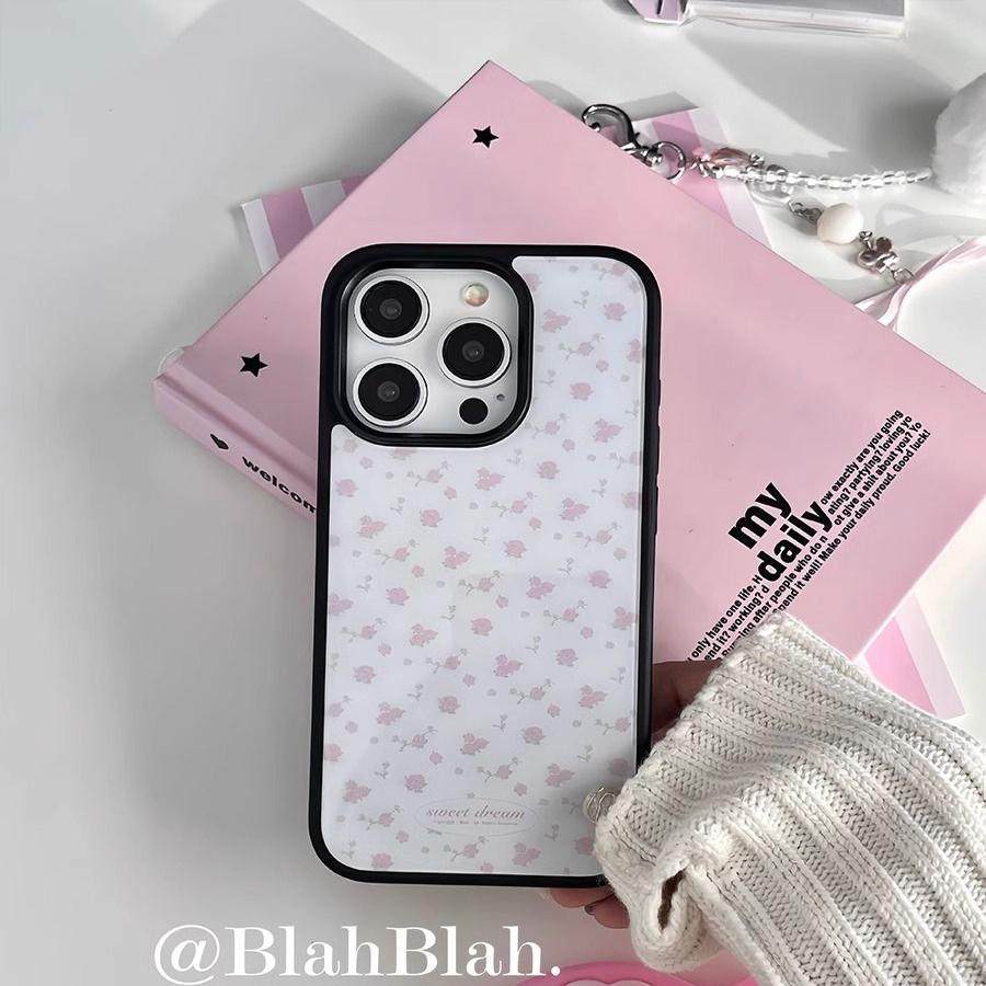 原创韩国小清新玫瑰碎花亚克力黑边适用苹果iPhone16promax手机壳15pro小米14Pro保护套华为mate防摔三星S23