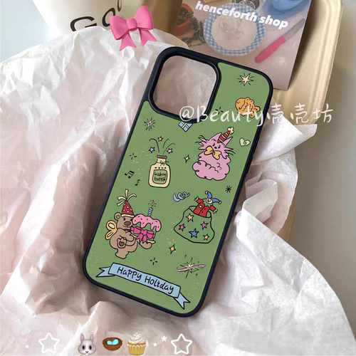 可爱圣诞猫咪小熊适用iphone16Promax黑边亚克力手机壳15pro磁吸苹果小米141312三星1116plus防摔14pro华为