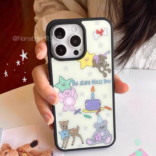 美式ins复古小动物派对i亚克力黑边适用苹果iPhone16promax手机壳15pro小米14Pro保护套华为mate防摔三星S23