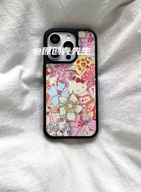 ins碎花y2kkt猫亚克力黑边磁吸适用苹果iPhone16promax手机壳1312pro小米1415Pro华为mate60p70三星S23防摔