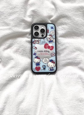 蓝色肤感飞机可爱kt猫亚克力黑边适用苹果iPhone16promax手机壳15pro小米14Pro保护套华为mate防摔三星荣耀