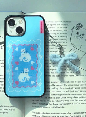 蓝色可爱猫咪线条亚克力黑边磁吸适用苹果iPhone16promax手机壳1312pro小米1415Pro华为mate60p70三星S23防摔