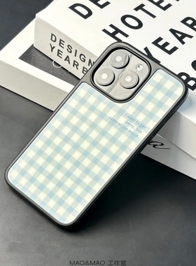 原创简约蓝色方格ins亚克力黑边适用苹果iPhone16promax手机壳15pro小米14Pro保护套华为mate防摔三星S23荣耀