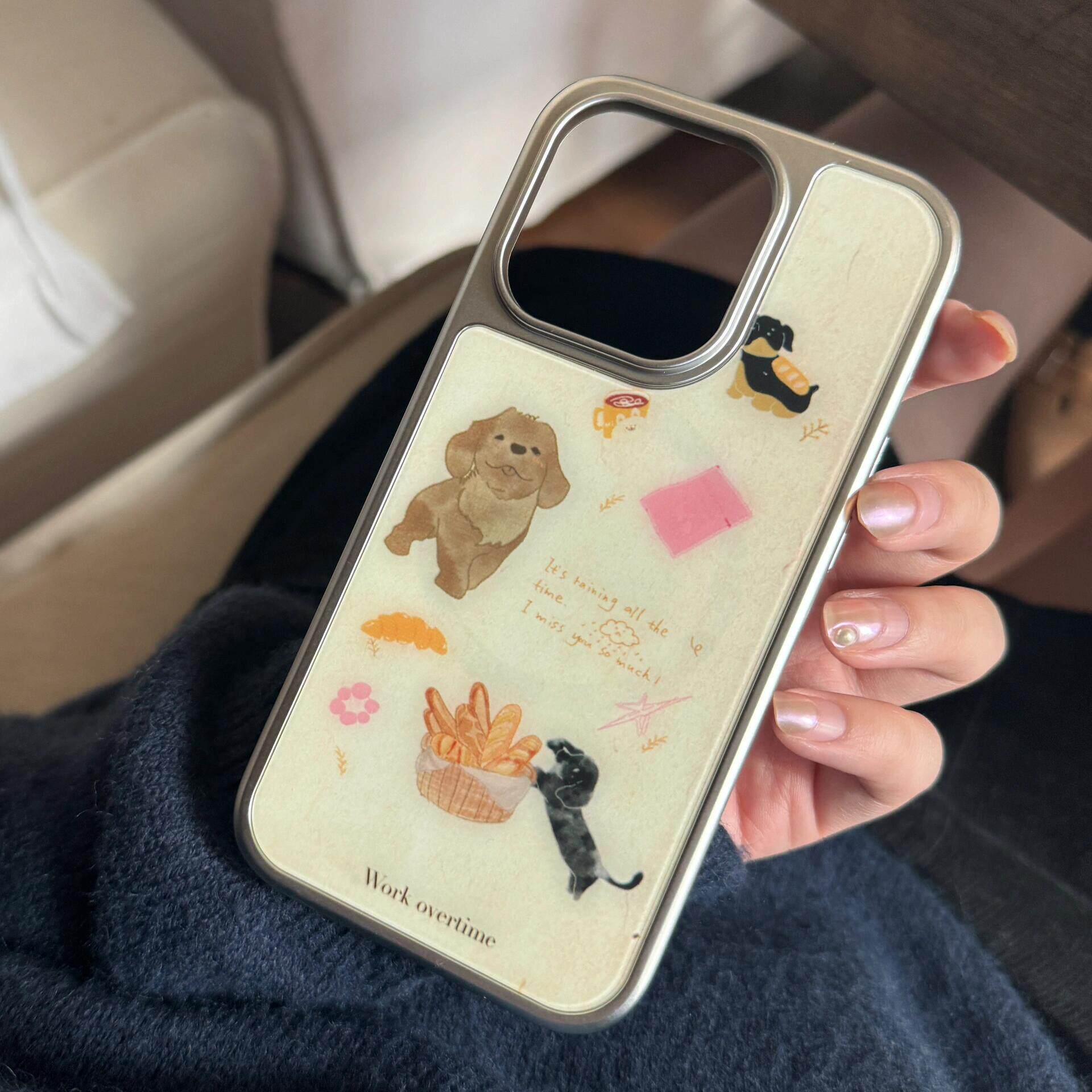 面包小狗插画可爱电镀银边软壳适用于苹果手机壳iPhone16pr