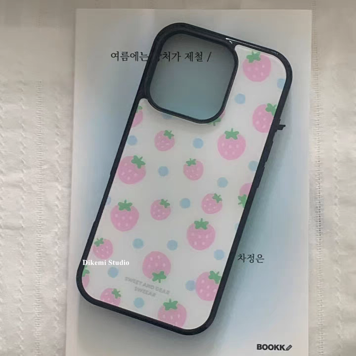 ins可爱草莓爱心波点亚克力黑边适用苹果iPhone16promax手机壳1312pro小米1415Pro华为mate60p70三星S23防摔