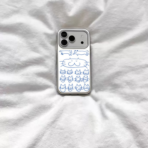ins复古抽象小猫插画电镀银磁吸适用苹果iPhone17promax手机壳1615pro小米1415Pro华为mate80p70三星S23防摔