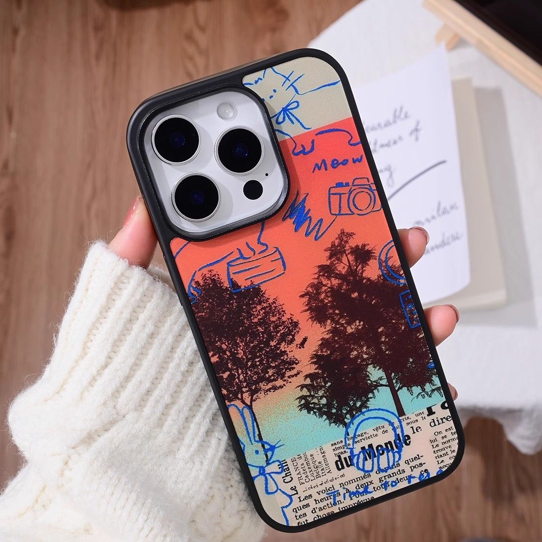 ins风夕阳湖畔原创亚克力黑边磁吸适用苹果iPhone16promax手机壳1315pro小米14Pro华为mate60p70三星S23防摔