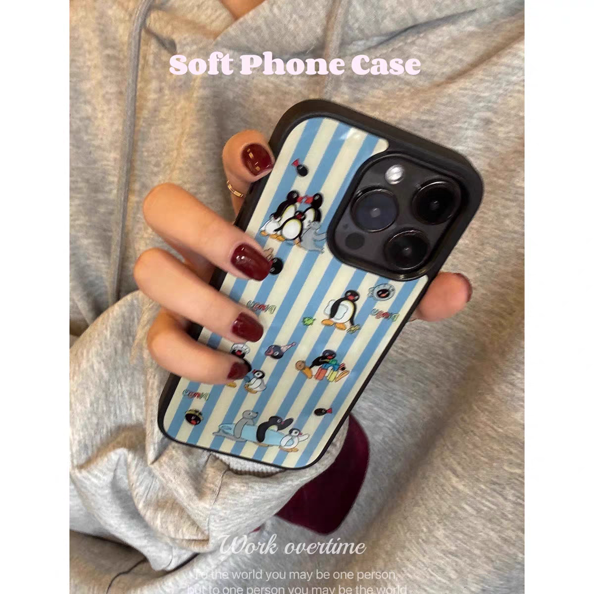 蓝条纹pingu企鹅ins亚克力黑边适用苹果iPhone16promax手机壳15pro小米14Pro保护套华为mate防摔三星S23荣耀