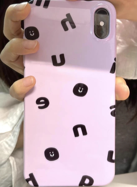 韩式淡紫色字母笑脸英文苹果手机壳菲林壳适用iPhone16promax/15pro/13/14plus手机壳苹果12mini硬XS/8保护套