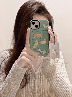 适用于苹果华为小米14手机壳绿色涂鸦狗狗秋冬iphone15proma菲林iphone13新款12p二合一可爱趣味卡通小众防摔