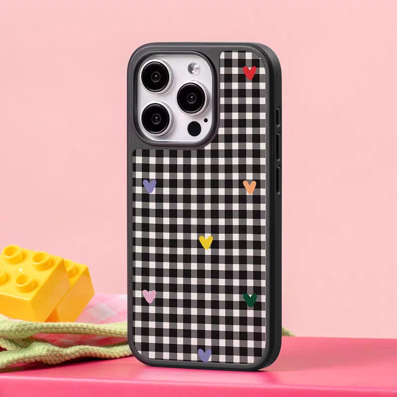 复古格子爱心亚克力黑边磁吸适用苹果iPhone16promax手机壳1315pro小米14Pro保护套华为mate60P70防摔三星S23