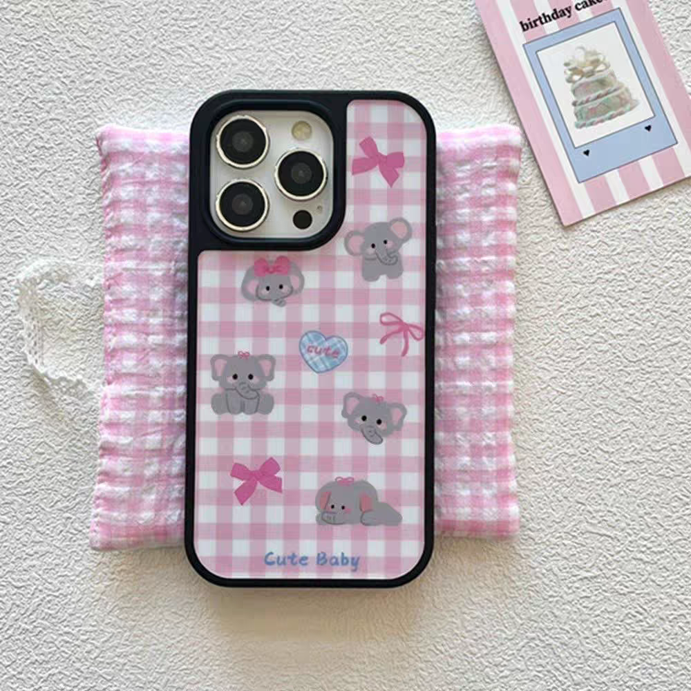 粉色格纹小象ins亚克力黑边适用苹果iPhone16promax手机壳15pro小米14Pro保护套华为mate防摔三星S234晶瓷壳