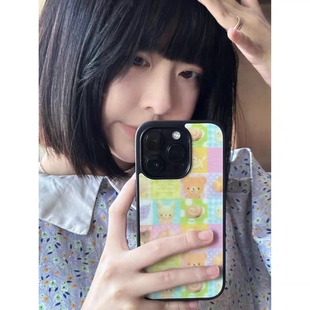软萌小熊饼干格子亚克力黑边磁吸适用苹果iPhone16promax手机壳1312pro小米1415Pro华为mate60p70三星S23防摔
