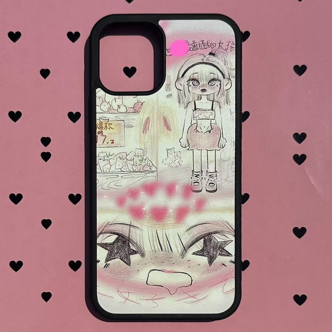 ins风描绘女孩原创亚克力黑边磁吸适用苹果iPhone16promax手机壳1315pro小米14Pro华为mate60p70三星S23防摔