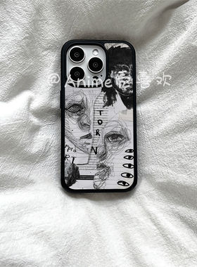 素描人脸日记原创亚克力黑边磁吸适用苹果iPhone16promax手机壳1315pro小米14Pro华为mate60p70三星S23防摔