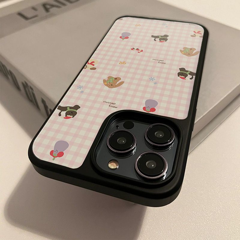 格纹茄子狗个性原创亚克力黑边磁吸适用苹果iPhone16promax手机壳1315pro小米14Pro华为mate60p70三星S23防摔