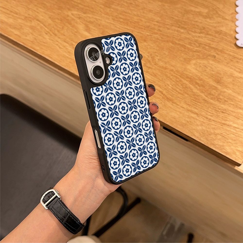 复古蓝花纹个性原创亚克力黑边磁吸适用苹果iPhone16promax手机壳1315pro小米14Pro华为mate60p70三星S23防摔