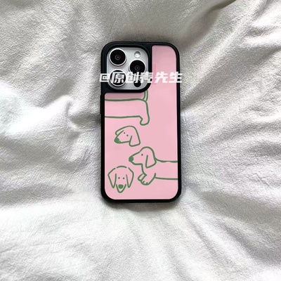 ins风粉粉腊肠狗亚克力黑边磁吸适用苹果iPhone16promax手机壳1312pro小米1415Pro华为mate60p70三星S23防摔