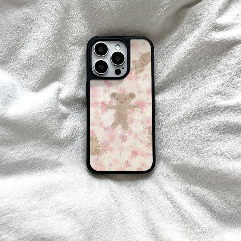 ins复古碎花小熊亚克力黑边磁吸适用苹果iPhone16promax手机壳1312pro小米1415Pro华为mate60p70三星S23防摔