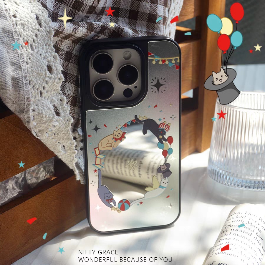 猫咪马戏团镜面适用于苹果16promax手机壳iphone16/15/14/13/12/11新品高级感全包防摔小众磁吸15plus玻璃壳