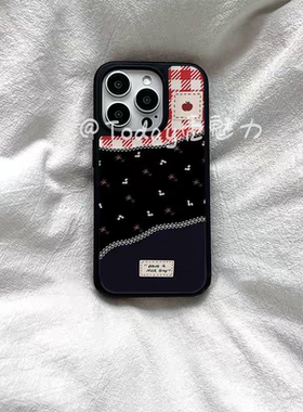 拼接补丁布块格纹亚克力黑边磁吸适用苹果iPhone16promax手机壳1312pro小米1415Pro华为mate60p70三星S23防摔